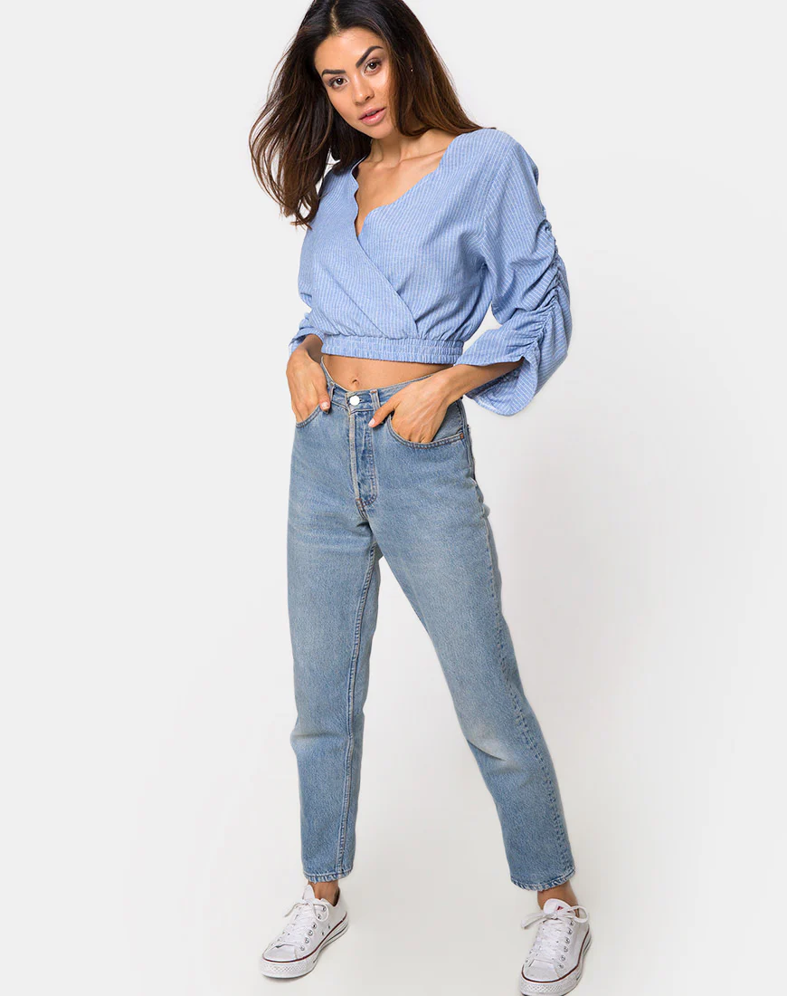 Evrilia Wrap Around Blouse in Stripe Blue - Image 3