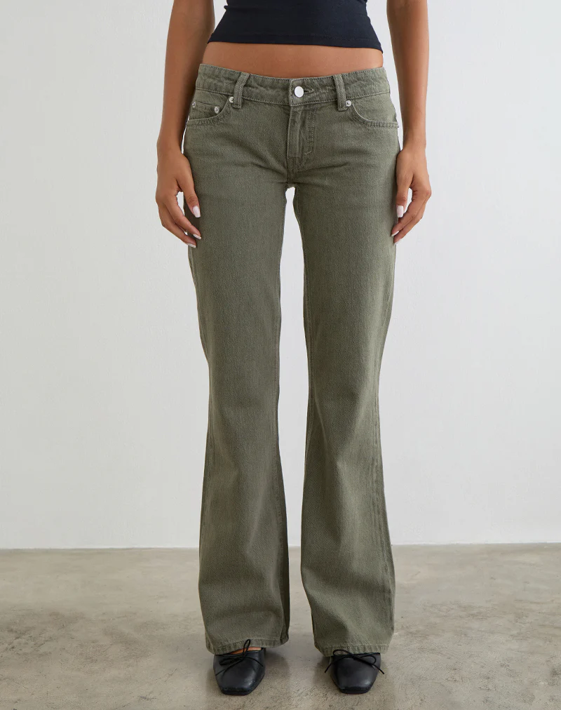 Extra Low Rise Flare Jeans in Olive - Image 2