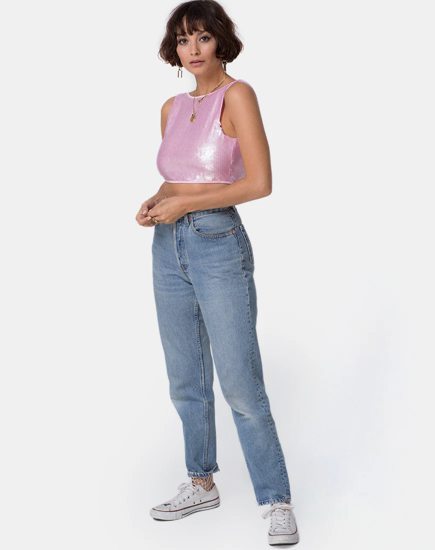 Faith Crop Top in Pink Tint Sequin - Image 3