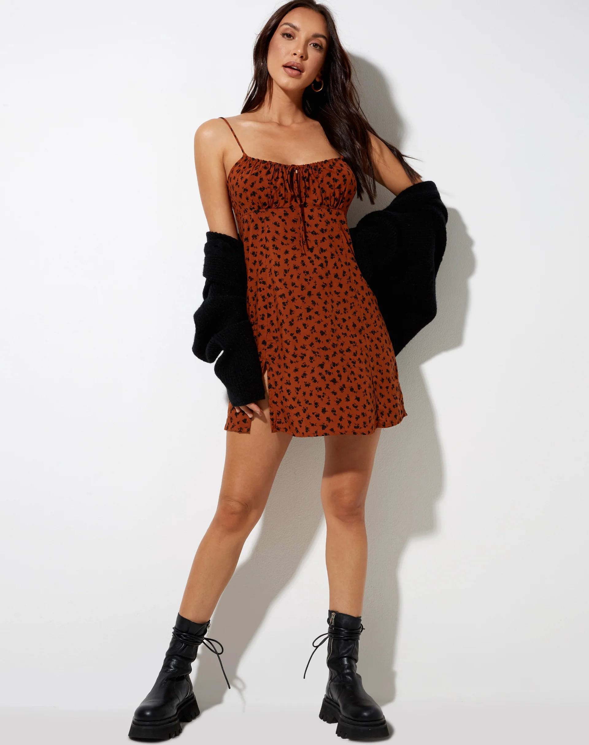 Famala Mini Dress in Dainty Daisy Bombay Brown - Image 3