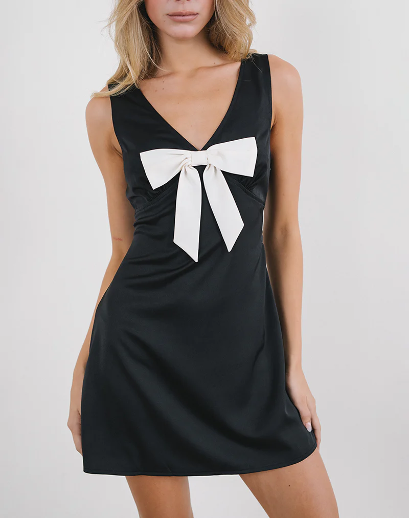 Faradiba Mini Dress in Satin Black with Ivory Bow - Image 2