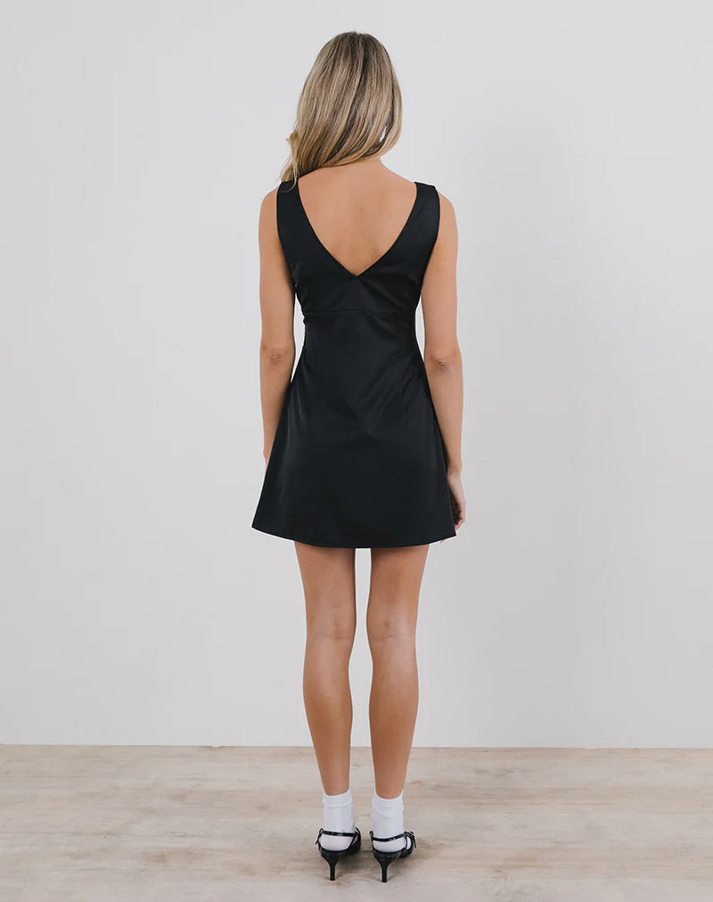 Faradiba Mini Dress in Satin Black with Ivory Bow - Image 5