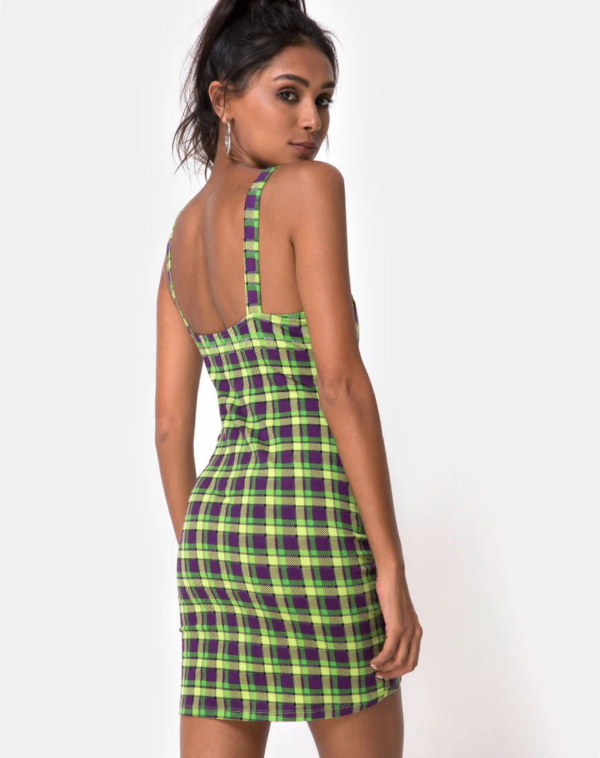 Farzi Bodycon Dress in Green and Purple Check - Image 3