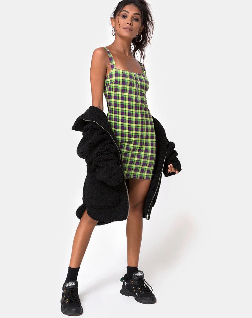Farzi Bodycon Dress in Green and Purple Check - Image 4