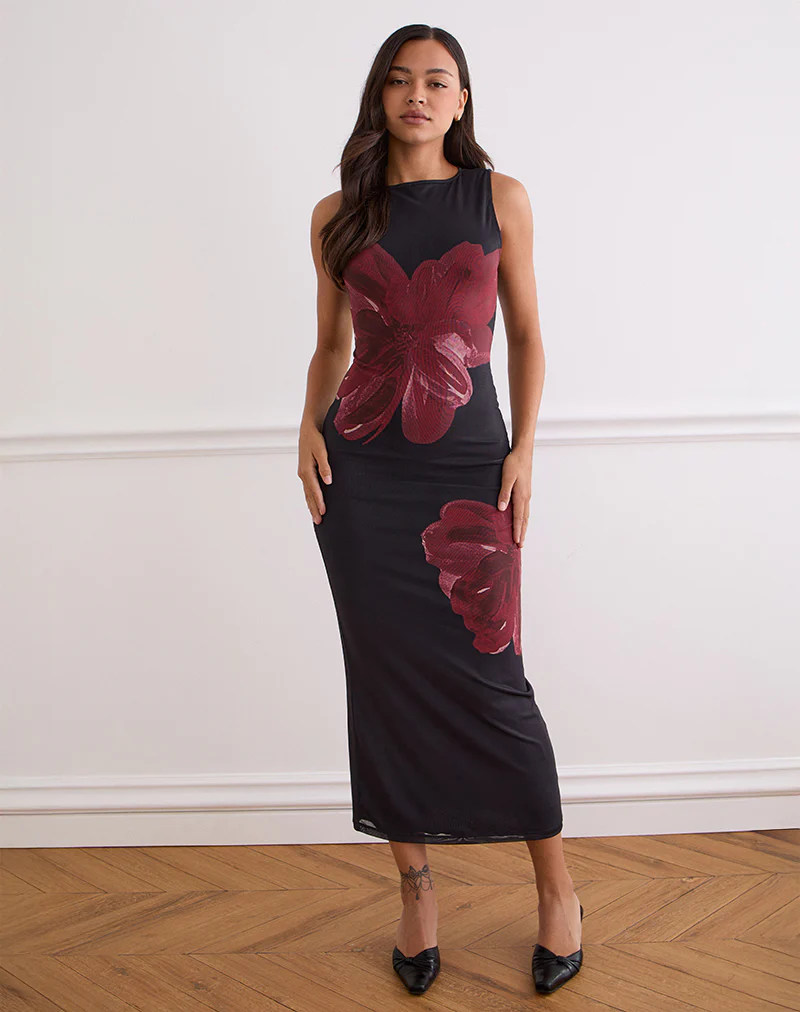 Fayola Maxi Dress In Black with Burgundy Watercolour Flower - Image 3