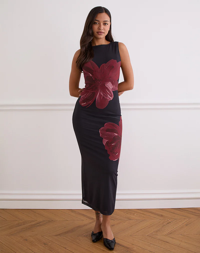 Fayola Maxi Dress In Black with Burgundy Watercolour Flower - Image 5