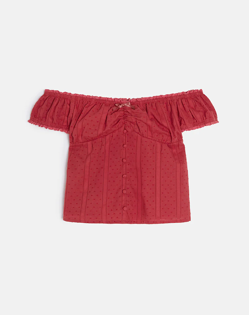 Fayra Bardot Corset Top in Cotton Dobby Red - Image 2