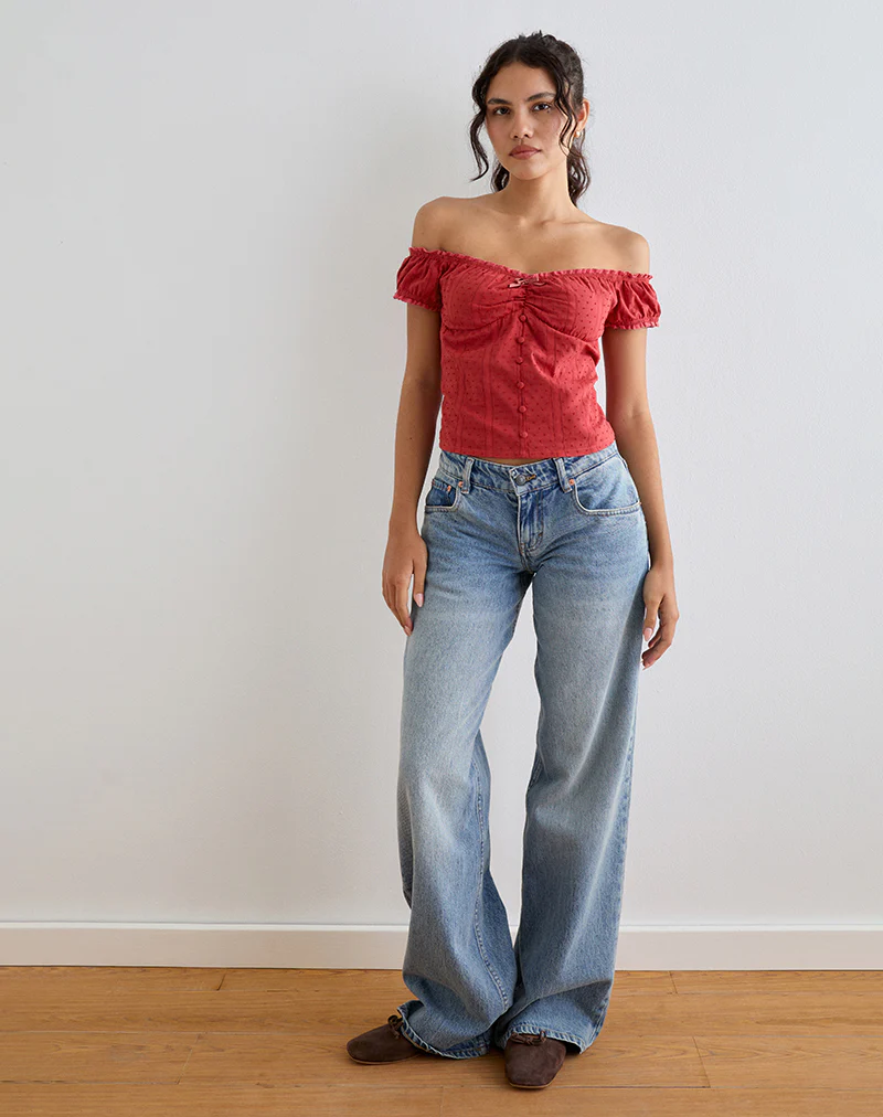 Fayra Bardot Corset Top in Cotton Dobby Red - Image 3