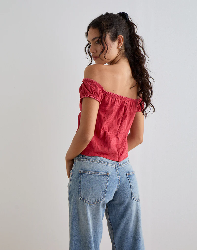 Fayra Bardot Corset Top in Cotton Dobby Red - Image 4