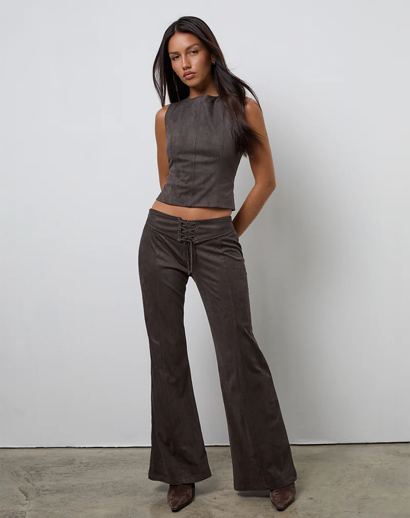 Felia Tie Back Top in Faux Suede Dark Chestnut - Image 3