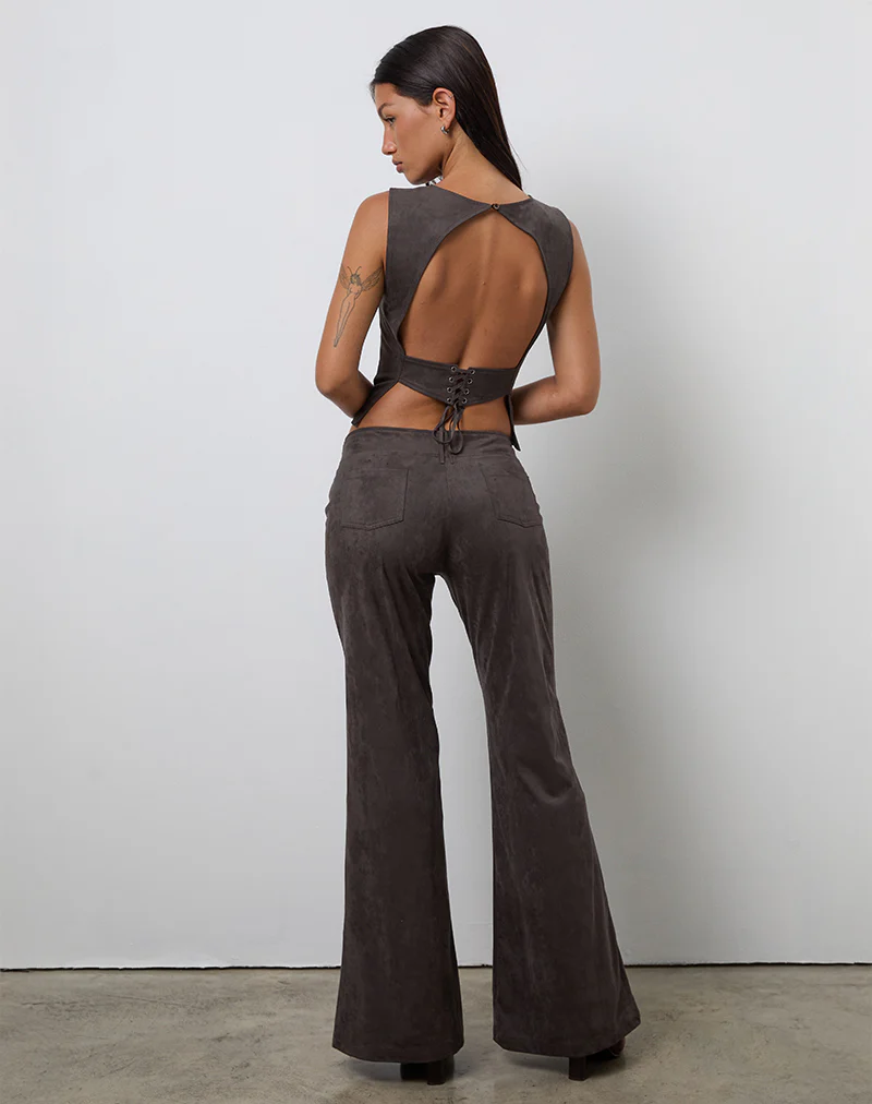 Felia Tie Back Top in Faux Suede Dark Chestnut - Image 4