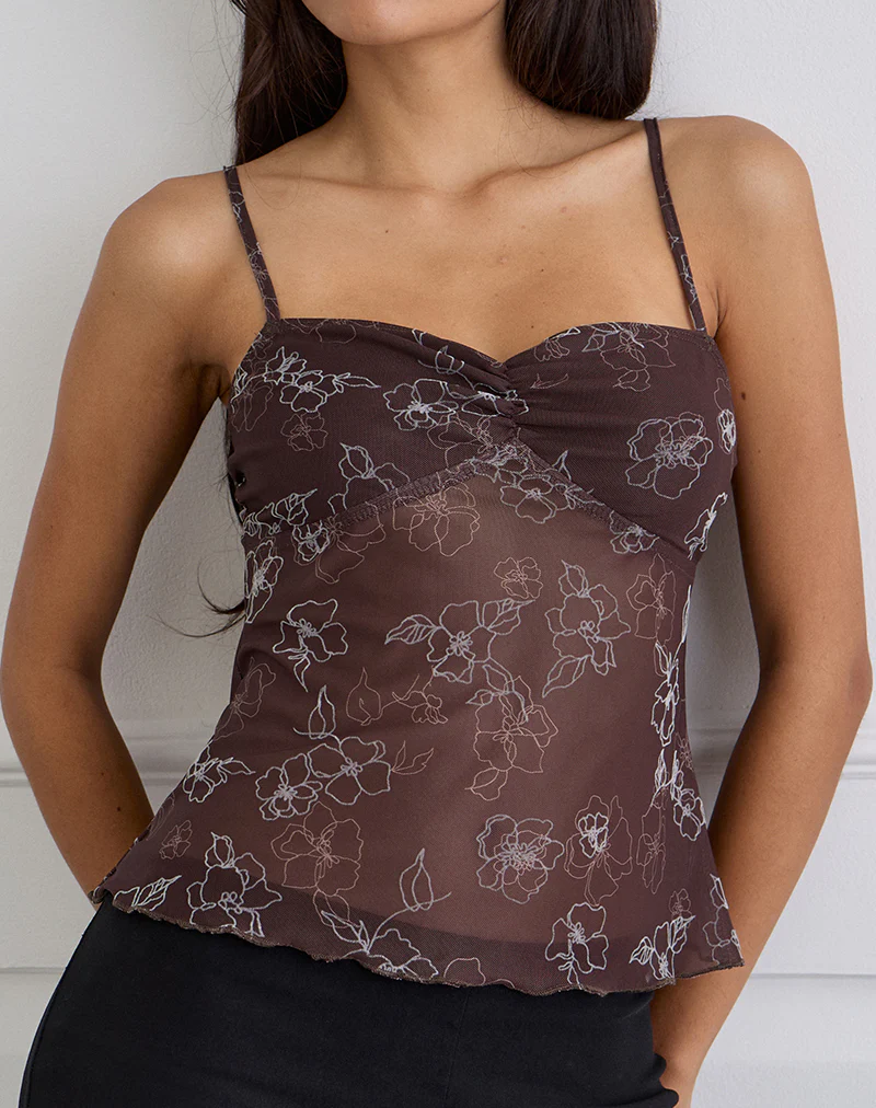 Fierza Cami Top in Doodle Flower Flock Brown - Image 2