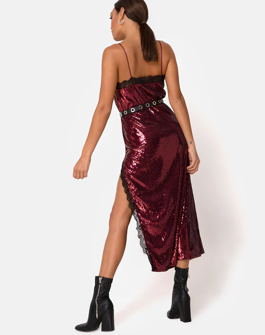 Fitilia Dress in Burgundy Mini Sequin with Black Lace - Image 2