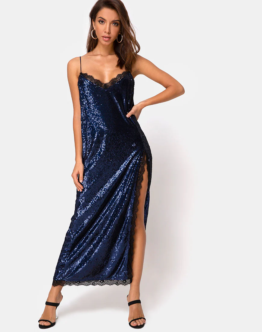 Fitilia Maxi Dress in Midnight Mini Sequin with Black Lace - Image 3