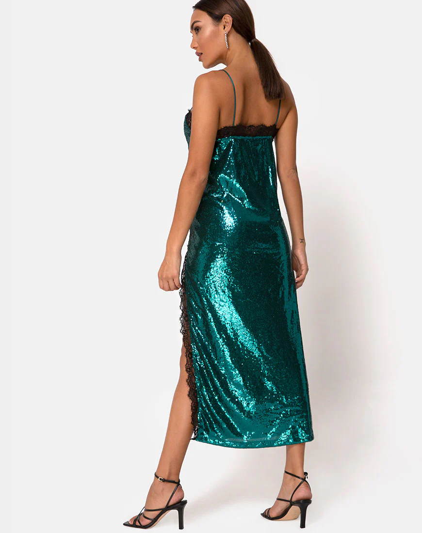 Fitilia Dress in Teal Mini Sequin with Black Lace - Image 4