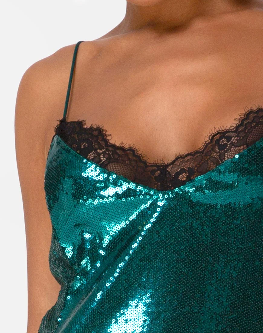 Fitilia Dress in Teal Mini Sequin with Black Lace - Image 5