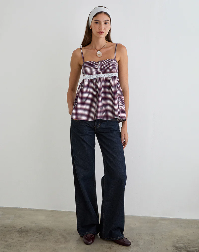 Flika Cami Top in Mini Gingham Wine - Image 3