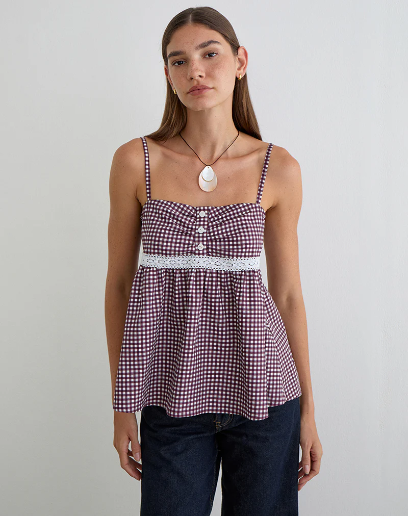 Flika Cami Top in Mini Gingham Wine - Image 4