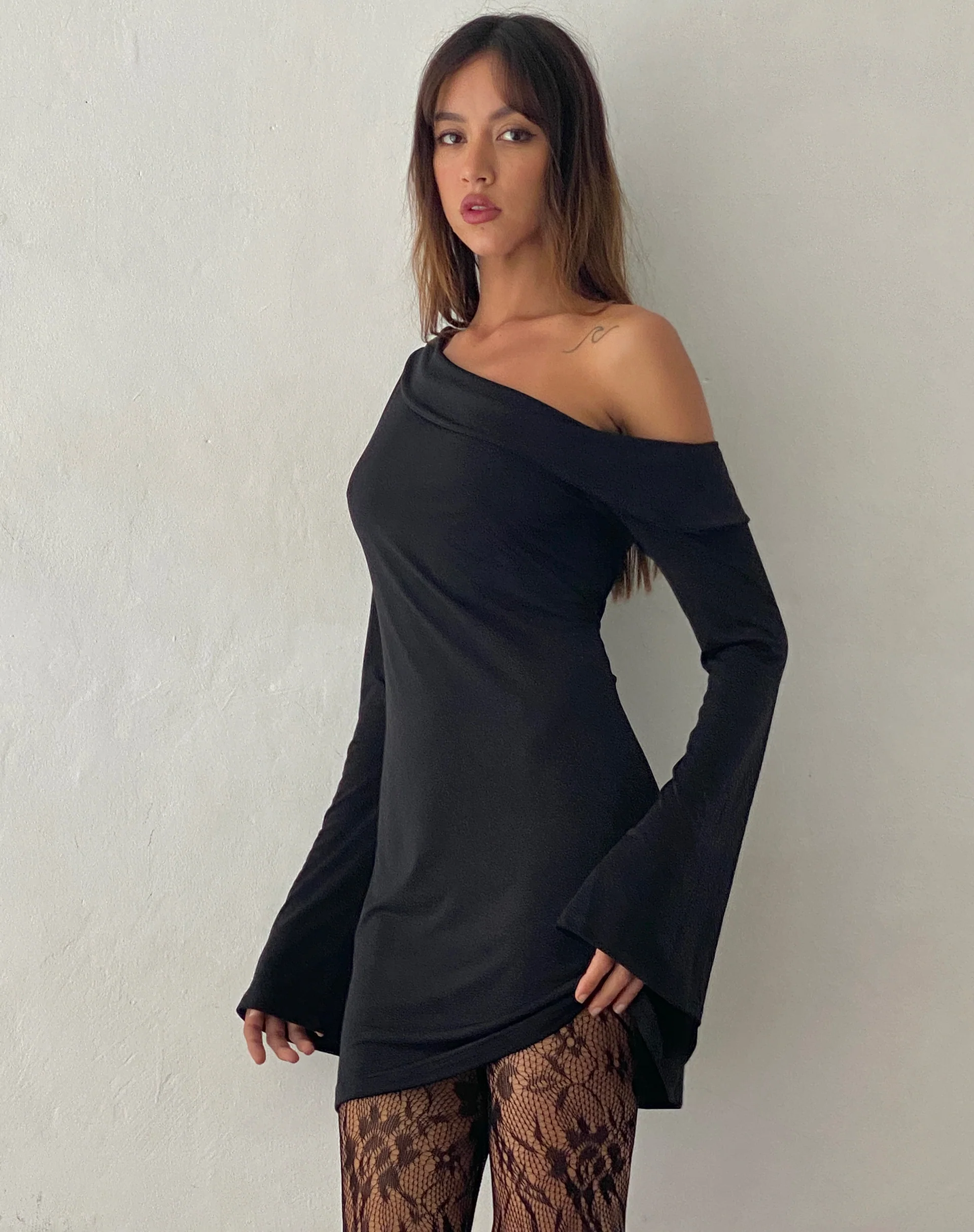 Fliss Asymmetric Mini Dress in Slinky Black - Image 2