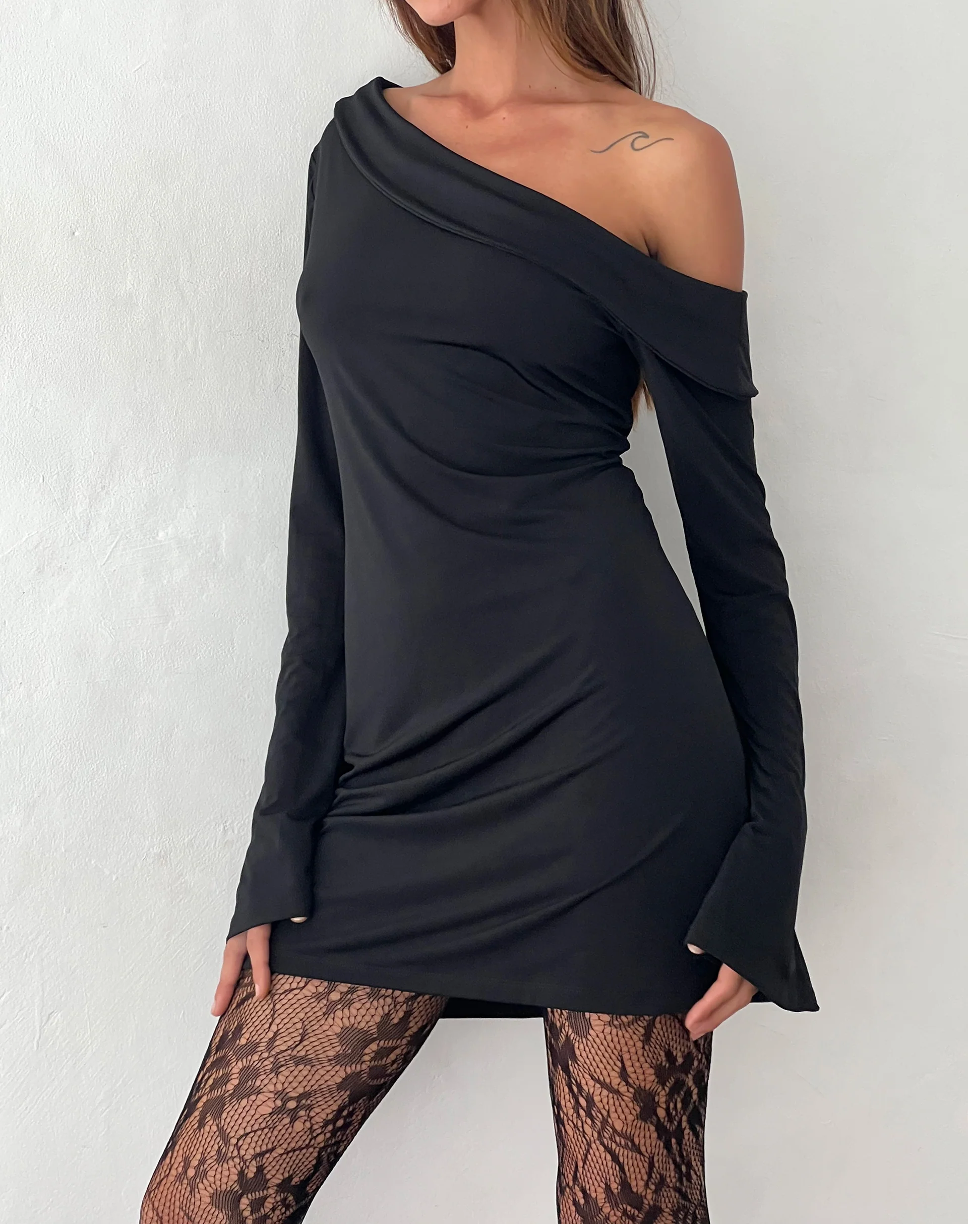 Fliss Asymmetric Mini Dress in Slinky Black - Image 3