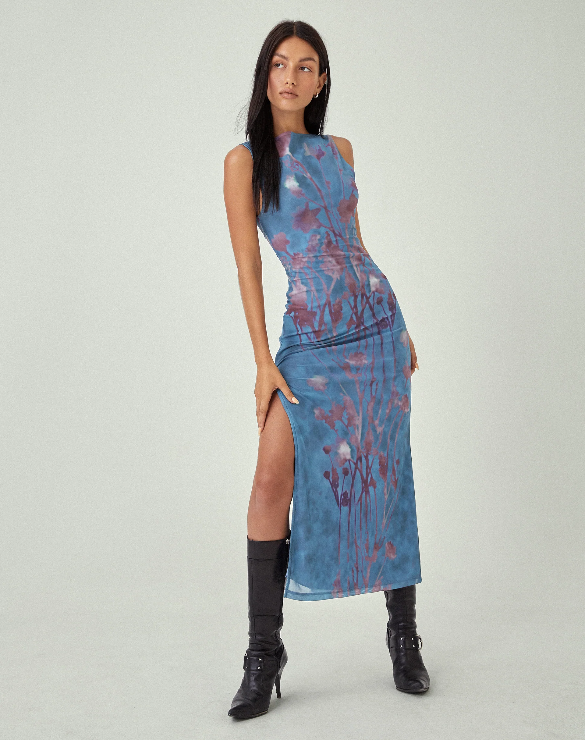 MOTEL X JACQUIE Flo Midi Dress in Lumen Mesh Blue - Image 5
