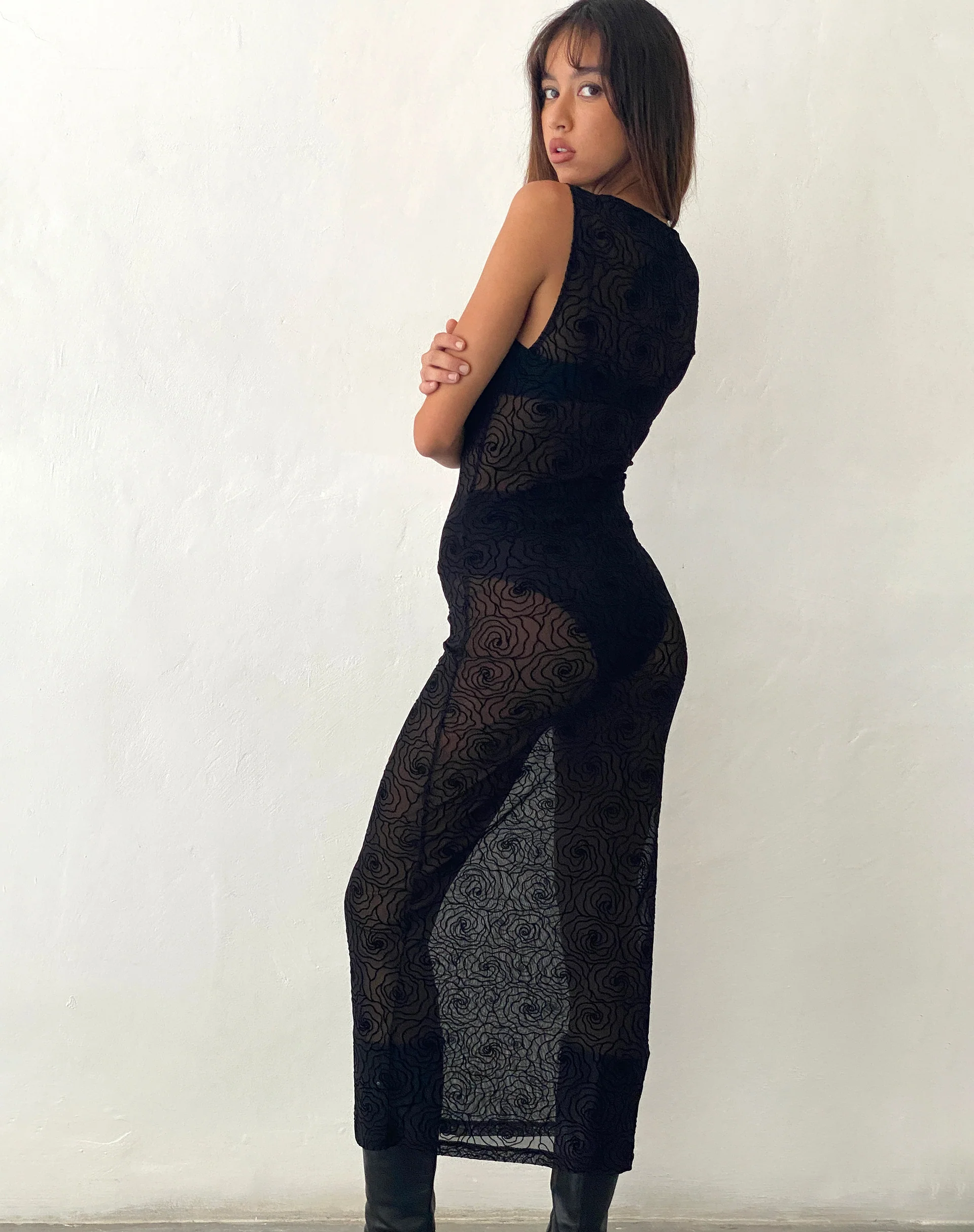 Florian Unlined Midi Dress in Black Abstract Flower Flock - Image 2