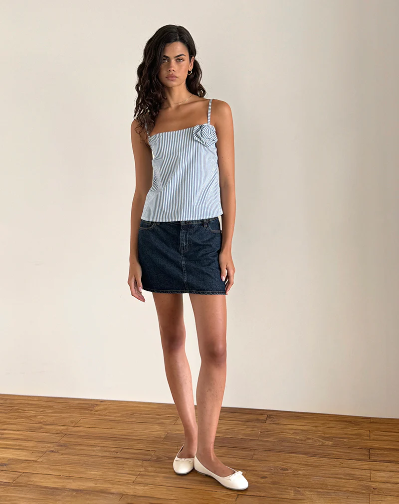 Flowa Top in Blue Small Vertical Stripe with Rosette - Image 2
