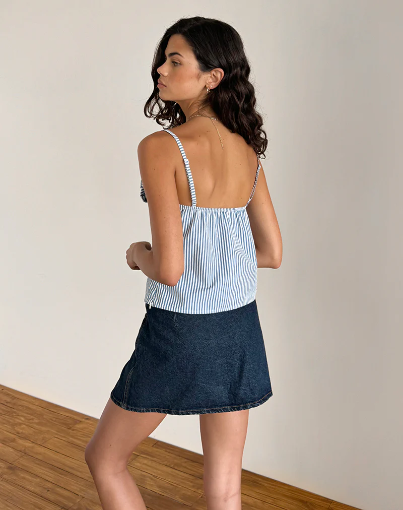 Flowa Top in Blue Small Vertical Stripe with Rosette - Image 3