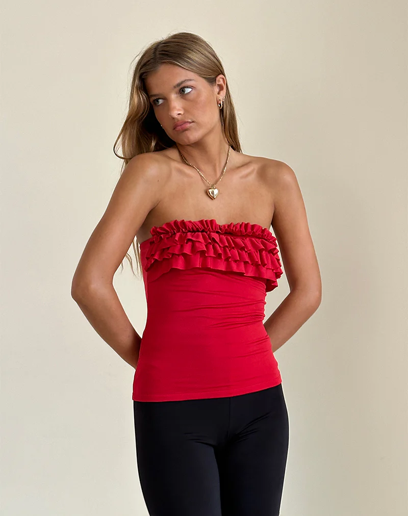 Fortuna Ruffle Bandeau Top in Slinky Red - Image 4