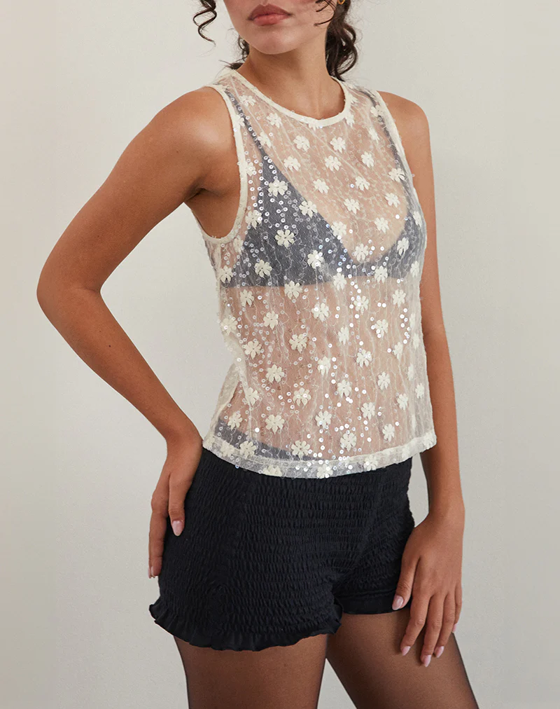 Franka Tank Top in Sequin Lace Ivory - Image 2