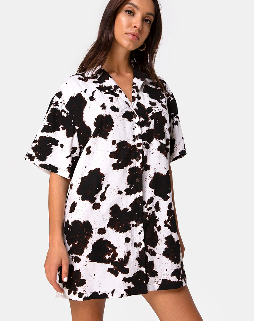 Fresia Mini Dress in Cow Hide Brown and White - Image 3