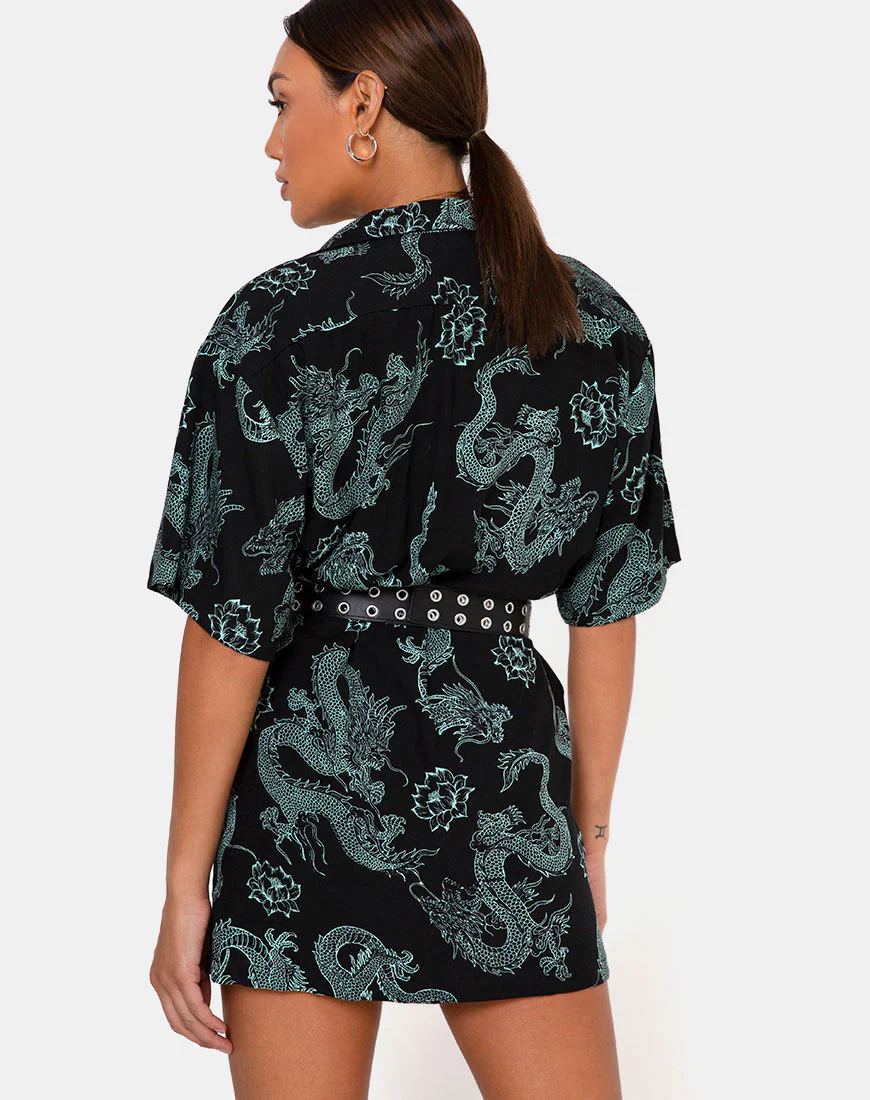 Fresia Dress in Dragon Flower Black and Mint - Image 3