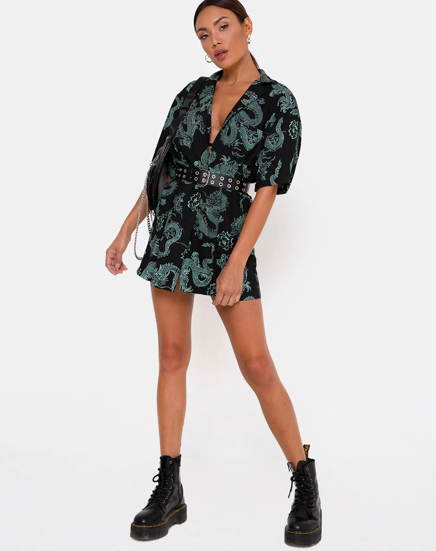 Fresia Dress in Dragon Flower Black and Mint - Image 4