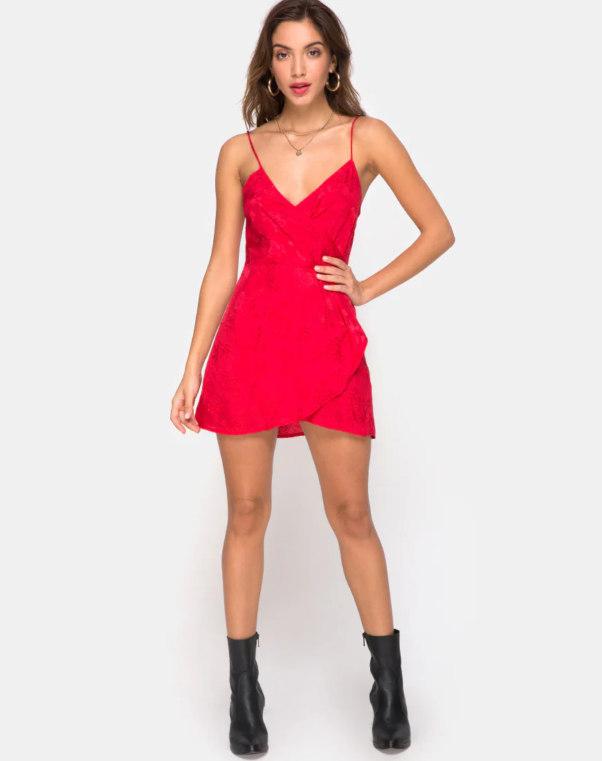 Furiosa Wrap Dress in Satin Rose Red - Image 3