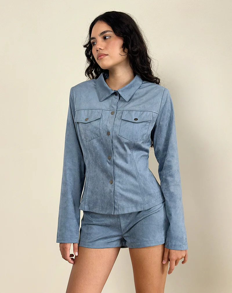 Fyodora Jacket in Faux Suede Dusty Blue - Image 4