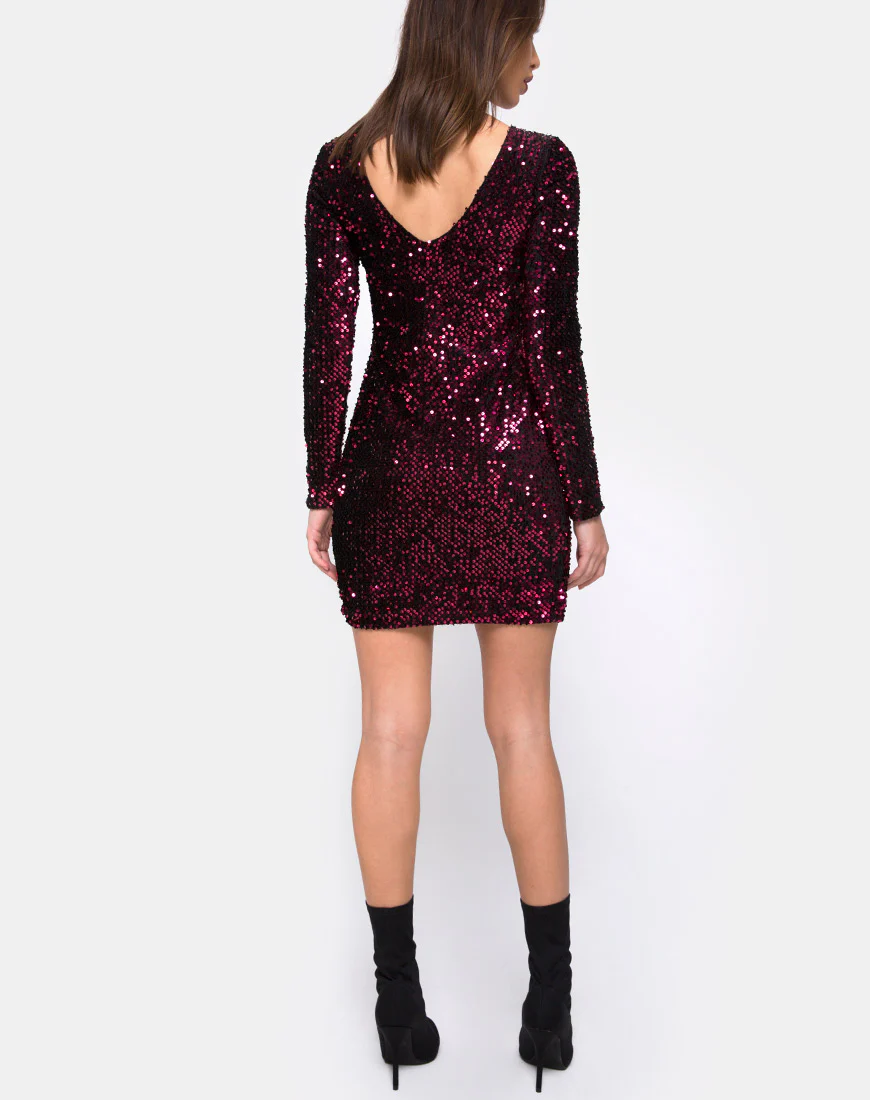 Gabby Plunge Back Dress in Wine Sequin - Image 4