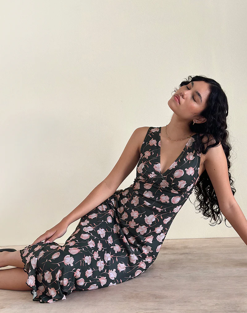 Gabriela Midi Dress in Falling Rose Jet Black - Image 2