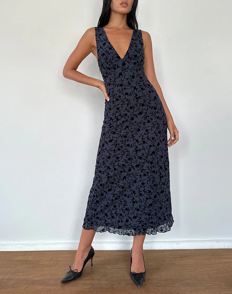 Gabriela Midi Dress in Flocked Petal Navy