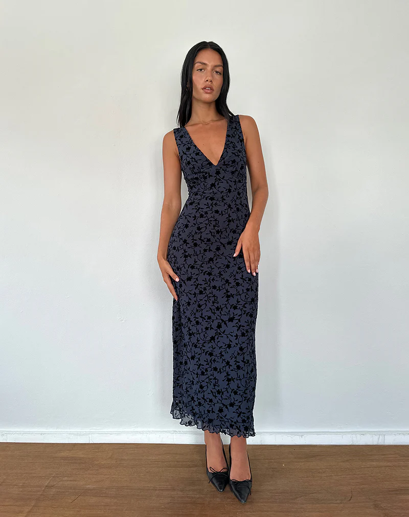 Gabriela Midi Dress in Flocked Petal Navy - Image 2
