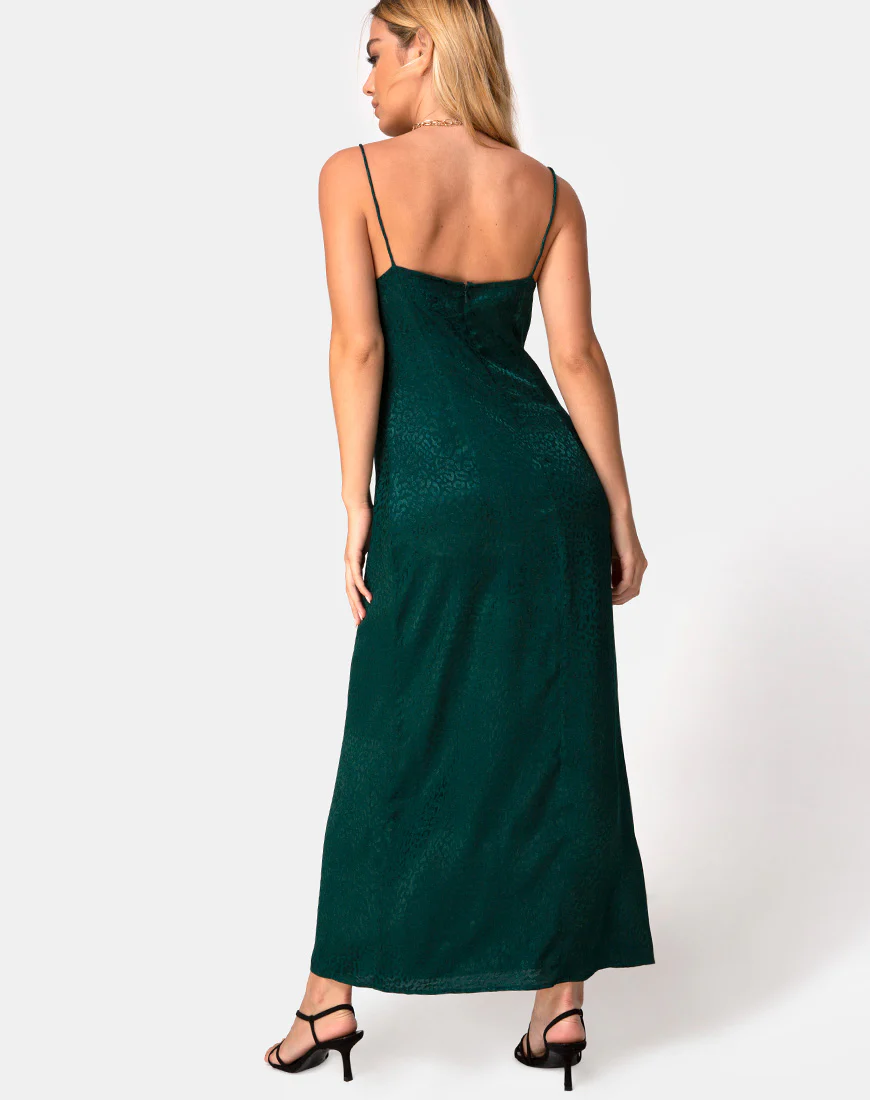 Gaela Slip Dress in Satin Cheetah Forest Green - Image 4