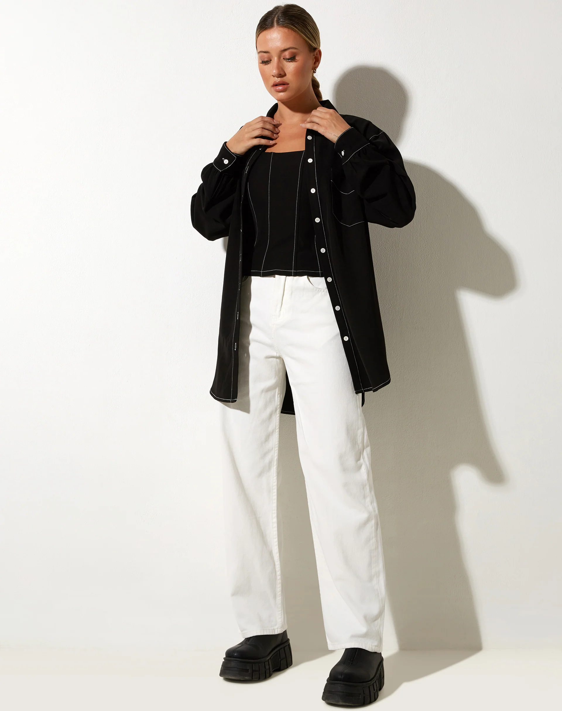 Gane Shirt in Black with White Stitch - Image 3