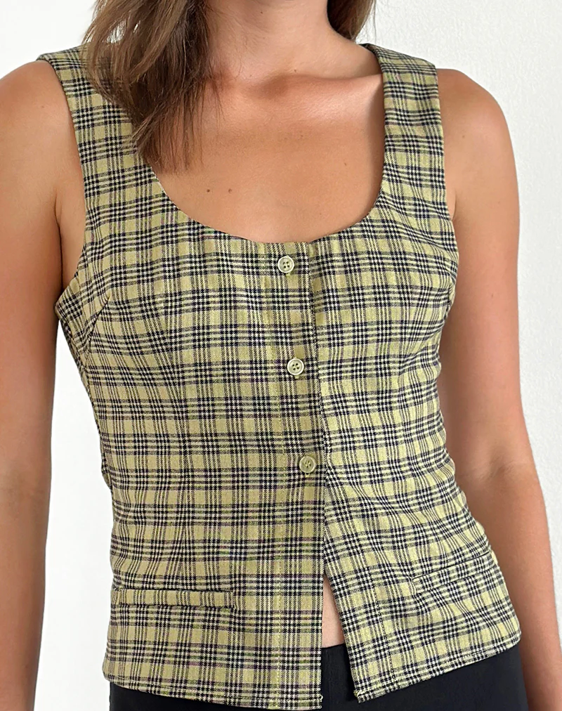 Ganita Button Through Vest Top in Yellow Check - Image 3