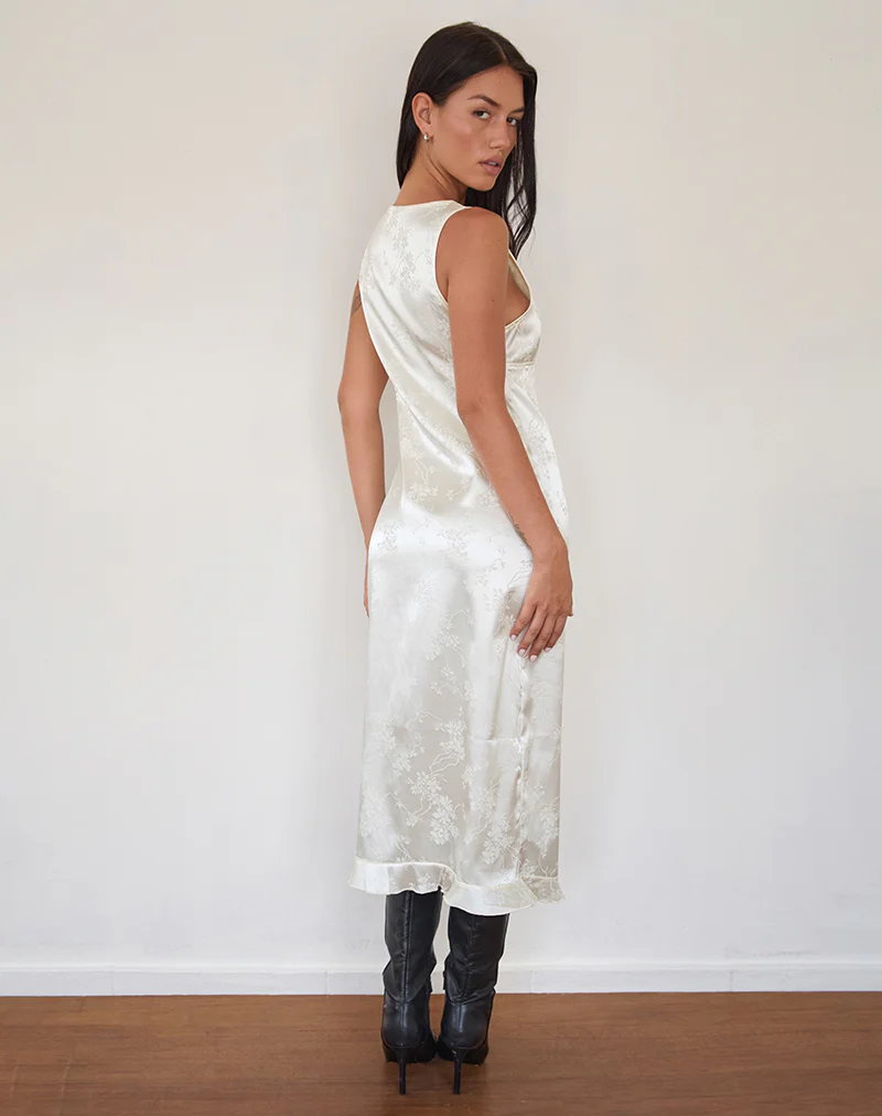 Gastari Midi Dress in Satin Jacquard White - Image 3
