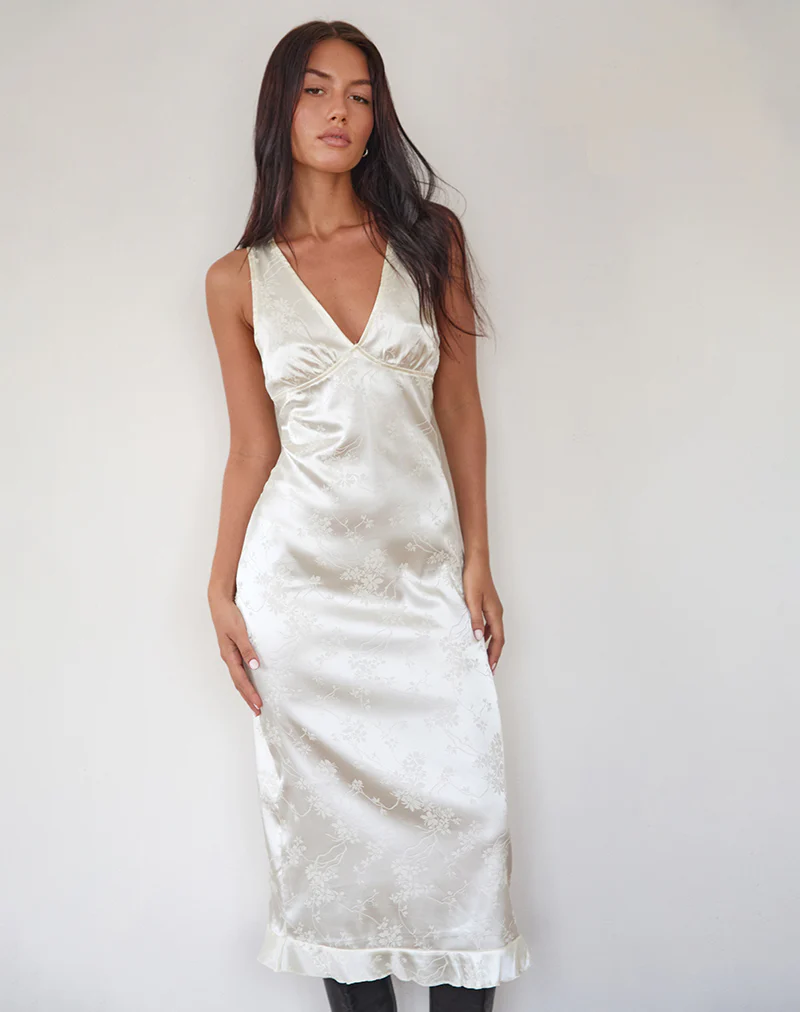 Gastari Midi Dress in Satin Jacquard White - Image 4