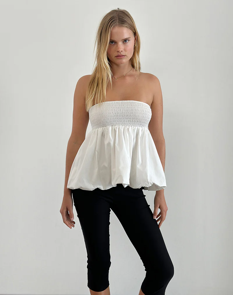 Gaux Puffball Shirred Top in Poplin Ivory - Image 2