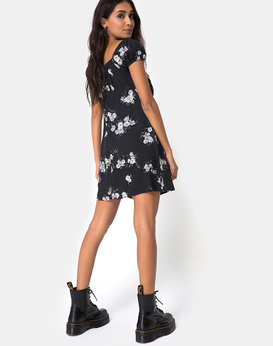Gaval Mini Dress in Mono Flower Black - Image 2