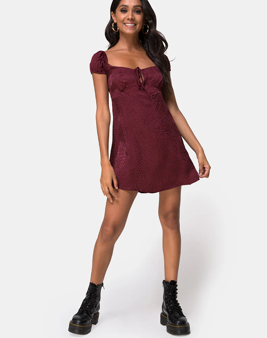 Gaval Mini Dress in Satin Cheetah Burgundy - Image 3