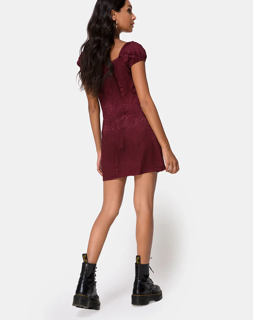 Gaval Mini Dress in Satin Cheetah Burgundy - Image 4