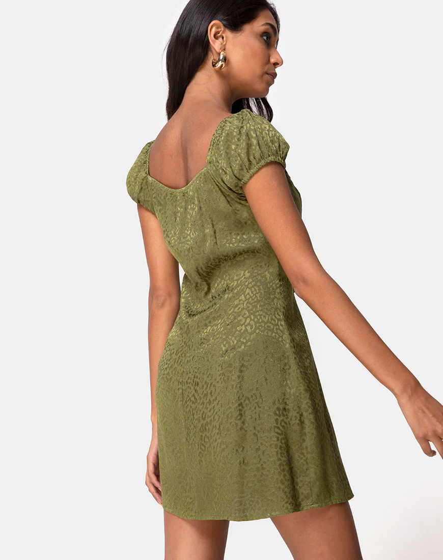 Gaval Mini Dress in Satin Cheetah Khaki - Image 2