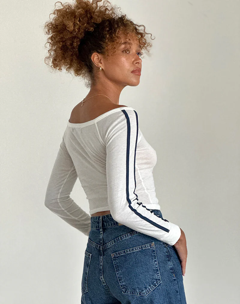 Gavya Long Sleeve Top in Off White with Navy Stripe - Image 5